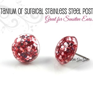 Pink Glitter Stud Earrings in Stainless Steel or Titanium Posts - Rose Studs - Iridescent Chunky Pink Disco Ball Glitter Earrings