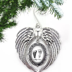 Custom Baby Photo Footprint Christmas Tree Ornament - Personalized Baby Foot Print Ornament - Silver Angel Wings Heaven Ornament