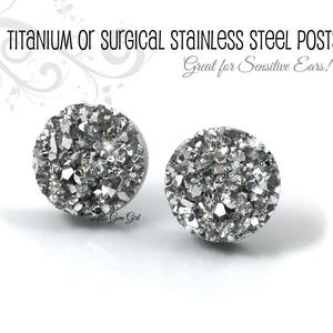 Chunky Silver Druzy Earrings 8, 10, 12mm Faux Druzy Metallic Silver Glitter Studs -Titanium or Stainless Steel Posts Winter Wedding Earrings