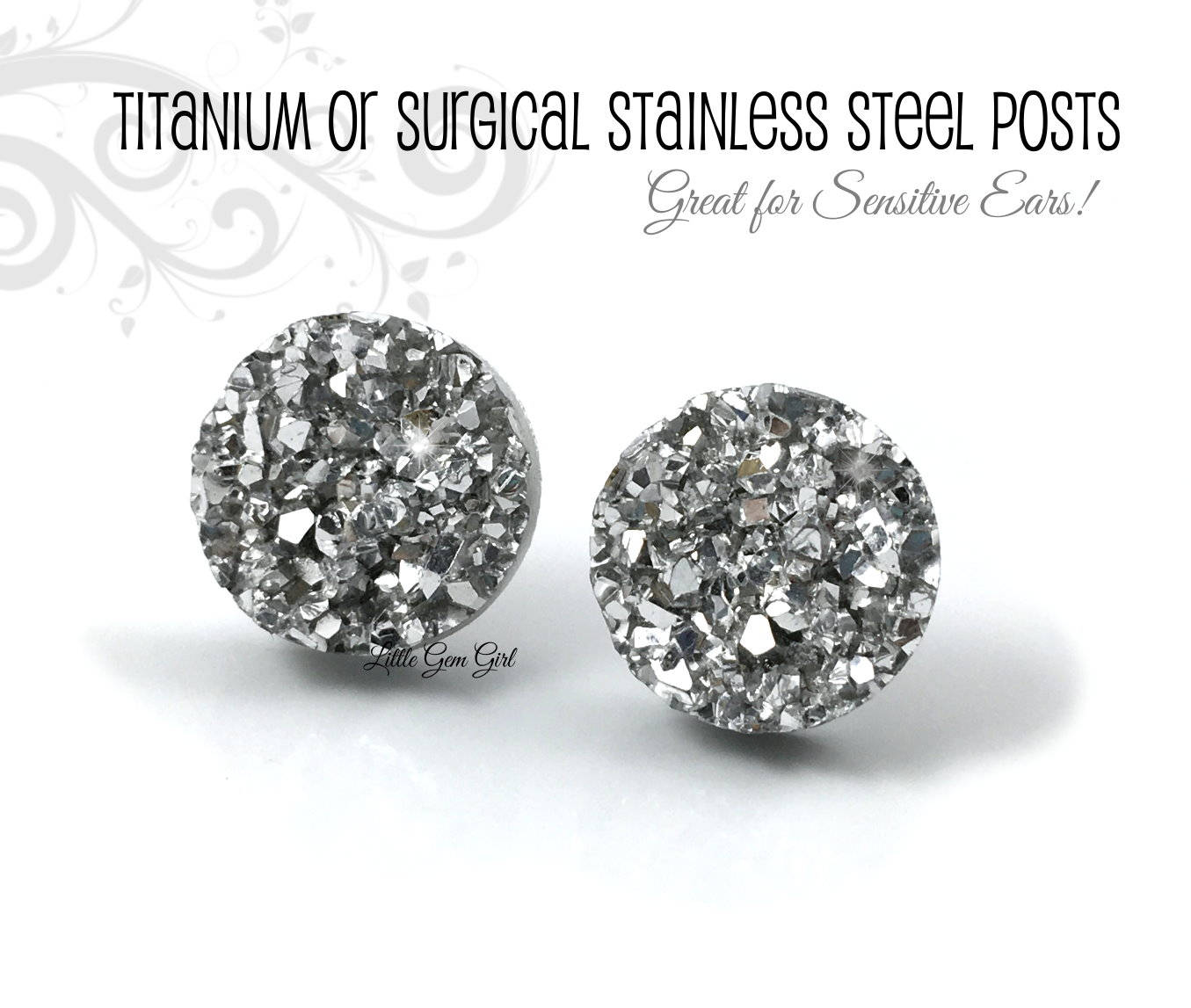 Chunky Silver Druzy Earrings 8, 10, 12mm Faux Druzy Metallic Silver Glitter Studs -Titanium or Stainless Steel Posts Winter Wedding Earrings