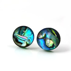 May include: A pair of round iridescent blue and green earrings with a mother of pearl finish.