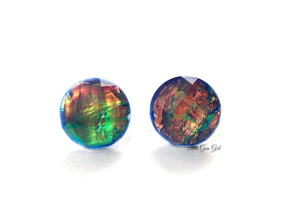 Sapphire Blue Fire Opal Earrings - Rainbow Color Changing Faceted Faux Opal Post Earrings -  Titanium or Stainless Steel Studs