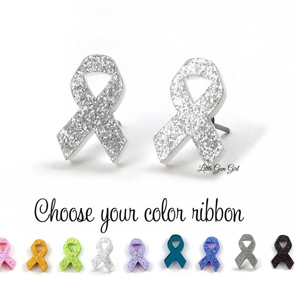 Silver White Cancer Ribbon Earrings Titanium or Stainless Steel Post - Lung and Bone Cancer,  Emphysema, MS, Mesothelioma, Blindness Jewelry