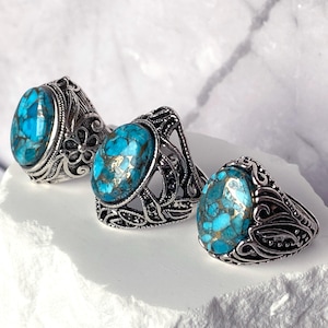 Adjustable Copper Turquoise Statement Ring – 13x18mm Oval Gemstone – Floral, Leaf & Scroll Band – Western Boho Cowboy Jewelry for Women