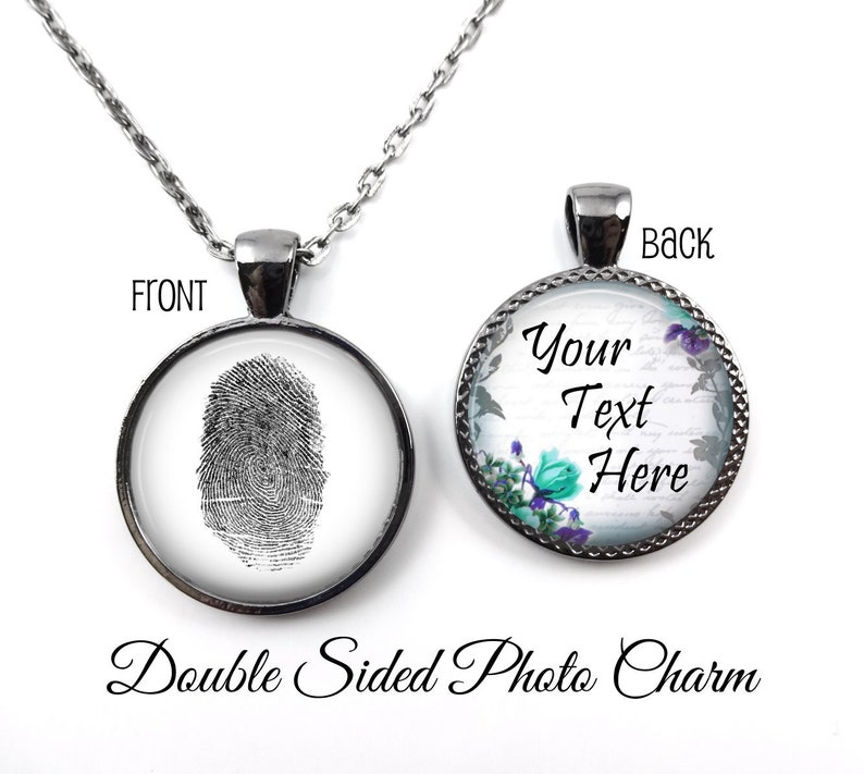 Actual Fingerprint Necklace or Key Chain with Custom Message on Back Custom Thumb Print Jewelry Personalized Memorial Charm Jewelry image 1