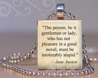 Jane Austen Book Quote Necklace Pendant Intolerably Stupid -  Book Lover Librarian Gift - Book Club Charm - Bookish Jewelry