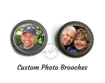 One Custom Photo Brooch - Picture Boutonniere for Wedding Bride or Groom Jewelry - In Memory Pin Antique Bronze or Silver, Bouquet Charm