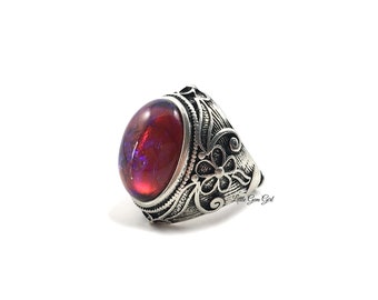 13x18mm Czech Glass Mexican Fire Opal Ring - Antique Silver Flower Thick Band Dragons Breath Ring - Unisex Men Women