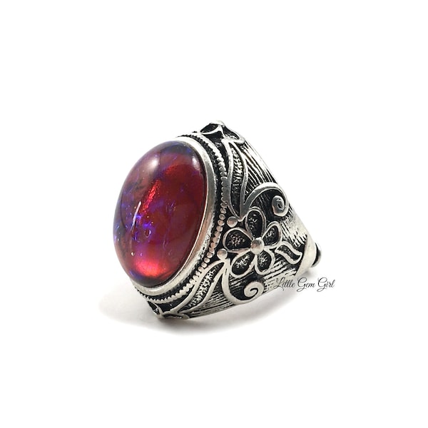 13x18mm Czech Glass Mexican Fire Opal Ring - Antique Silver Flower Thick Band Dragons Breath Ring - Unisex Men Women