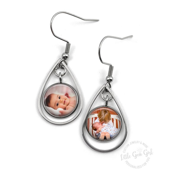 Custom Photo Earrings in Stainless Steel Teardrop - Picture Earrings Personalized with Your Images - Mother's Day Gift