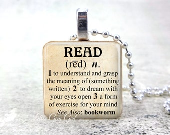 Read Dictionary Definition Necklace - Book Lover Bookworm Librarian Teacher 1 inch Wood Tile - Book Club Reading Jewelry