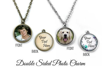 16mm or 20mm Double Sided Custom Text and Photo Necklace in Silver or Antique Bronze - Reversible Pendant