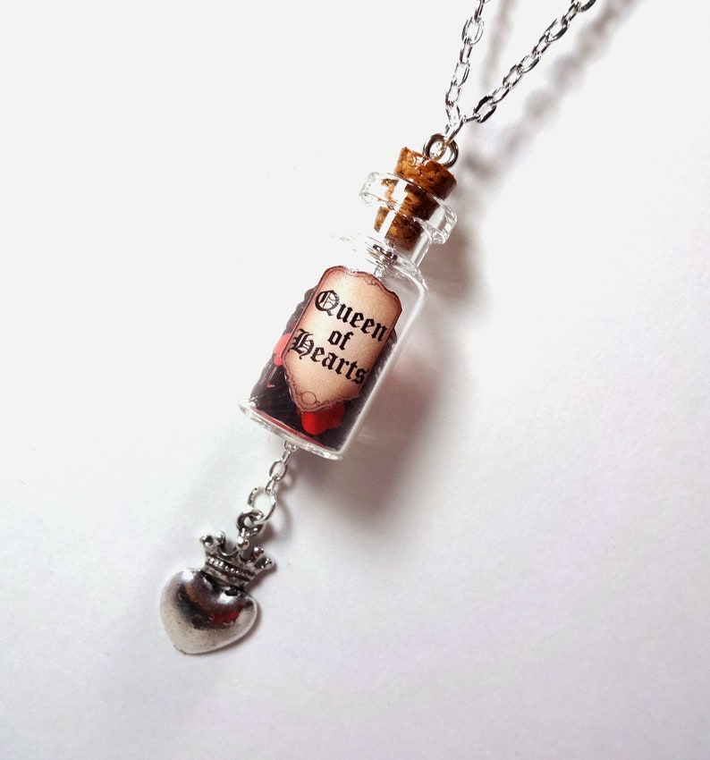 Queen of Hearts Alice's Adventures in Wonderland Valentine's Day Glass Bottle Cork Necklace Red Queen image 2