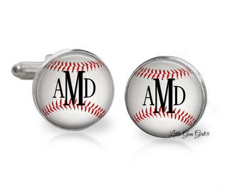 Personalized Monogram Baseball Cuff Links - Custom Name Major League Sports Cufflinks - Gift for Coach Fathers Day - Sterling and Stainless