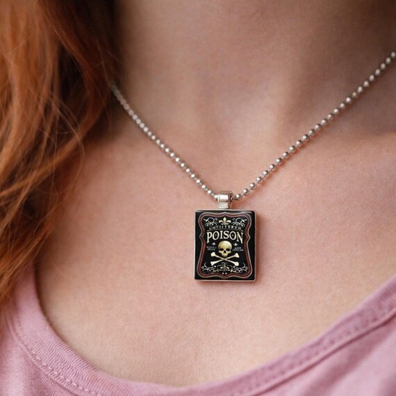 Vintage Poison Bottle Necklace - Skull and Crossbones Scrabble