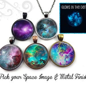 Glow in the Dark Galaxy Charm Necklace - Stars Nebula Glowing Galaxy Pendant - 23 Space Images Available, 20mm or 25mm Size