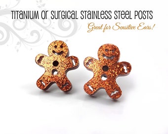 Gingerbread Man Earrings in Titanium or Stainless Steel - Christmas Cookie Stud Earrings - Gingy Earrings - Gingerbread Man Jewelry