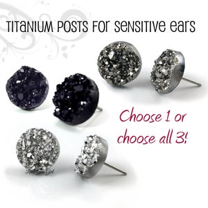 Small Druzy Earrings - Choose Black, Silver, Gunmetal 8mm 10mm 12mm Crystal Studs Faux Druzy Post Earrings Titanium Posts for Sensitive Ears