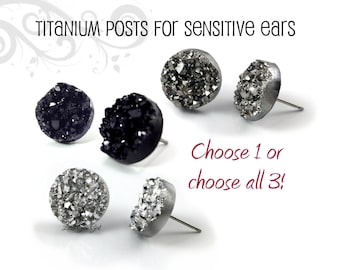 Small Druzy Earrings - Choose Black, Silver, Gunmetal 8mm 10mm 12mm Crystal Studs Faux Druzy Post Earrings Titanium Posts for Sensitive Ears