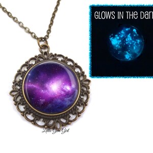 Glow in the Dark Galaxy Jewelry Glowing Purple Galaxy Necklace Outer Space Stars Pendant Vintage Style Bronze Pendant Necklace image 2