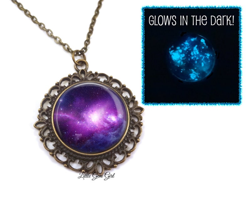 Glow in the Dark Galaxy Jewelry Glowing Purple Galaxy Necklace Outer Space Stars Pendant Vintage Style Bronze Pendant Necklace image 2