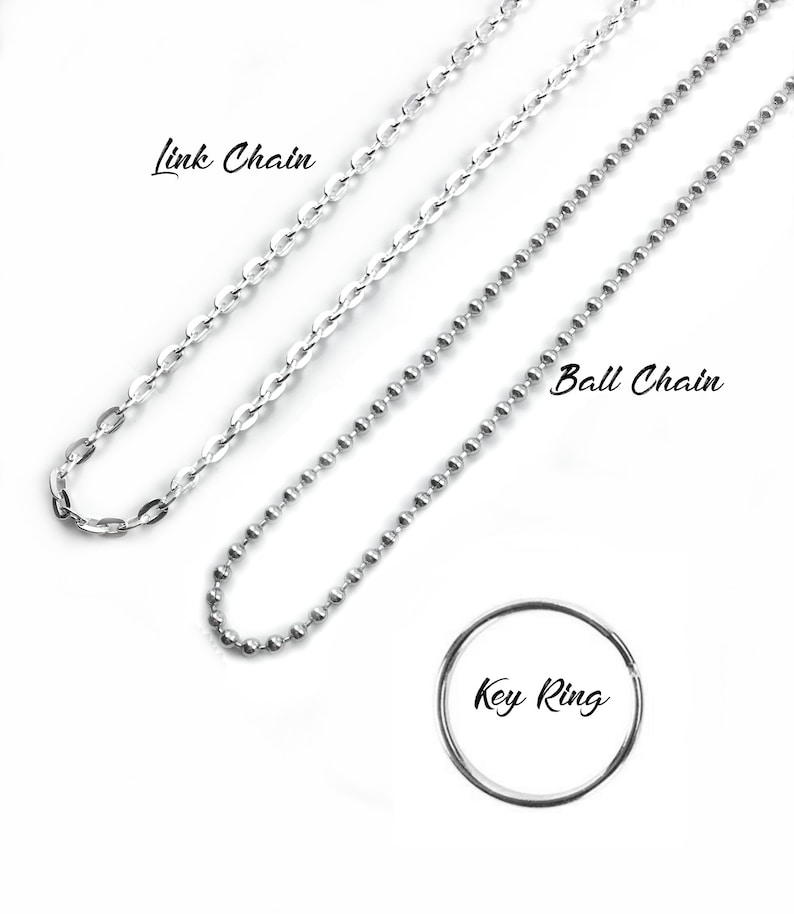 May include: Three silver chains and a key ring are shown against a white backdrop. The chains include a link chain, a ball chain, and a key ring. The text "Link Chain", "Ball Chain", and "Key Ring" are also visible.