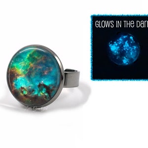 Glow in the Dark Galaxy Ring - 23 Space Images and 5 Metal Finishes - Outer Space Jewelry - Glowing Galaxy Stars Ring
