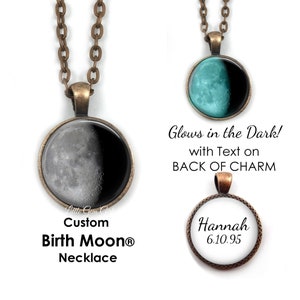 Handmade Double Sided Glow in the Dark Custom Birth Moon Necklace - 3 Sizes 16mm, 20mm, 25mm - Glowing Birthday Moon Phase Jewelry Unisex