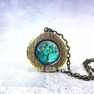 Tree of Life Locket Necklace - Bronze, Rose Gold, Silver or Gunmetal - Turquoise Copper Tree Pendant Charm - Swirly Whimsy Tree Jewelry