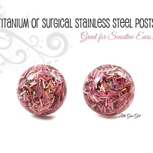 12mm Rose Pink Rainbow Holographic Glitter Stud Earrings with Titanium or Stainless Steel Posts - Nickel Free Earrings