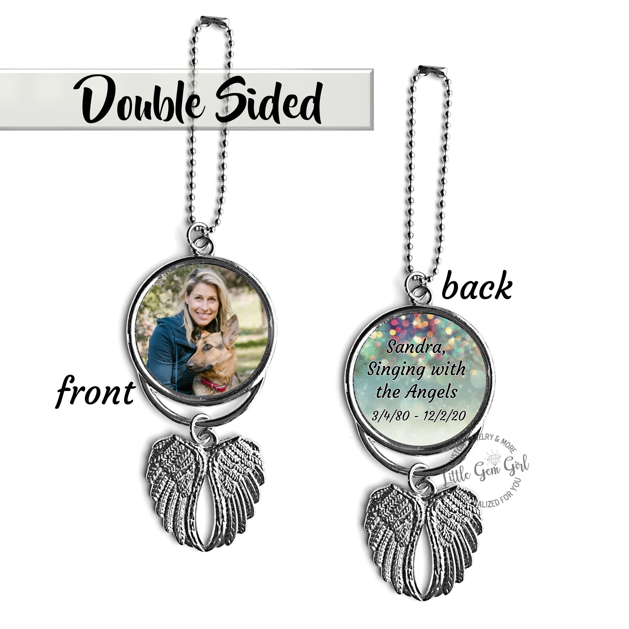 2 Sided Rearview Car Mirror In Memory Memorial Angel Wing Charm with Your Custom Photo and Text - Silver or Gold Finish 3.74 x 1.81"