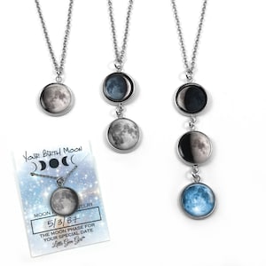 Stainless Steel Custom Birth Moon Necklace With Optional Engraving 1 to 5 Personalized Moon Phase Pendant Birthday Moon Jewelry image 1