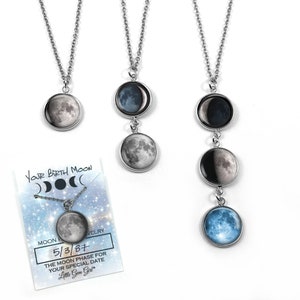 Stainless Steel Custom Birth Moon Necklace With Optional Engraving - 1 to 5 Personalized Lunar Phase Pendant - Birthday Jewelry