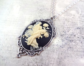 Large Fairy Cameo Necklace - Woodland Flower Fairy Pendant -  Victorian Faerie Faery Nymph Cameo Pendant - Fairy Tale Fantasy Jewelry