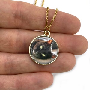 Puede incluir: Un collar de cadena dorada con un colgante redondo que presenta un gato negro con ojos verdes. El colgante est&aacute; enmarcado con un borde dorado.
