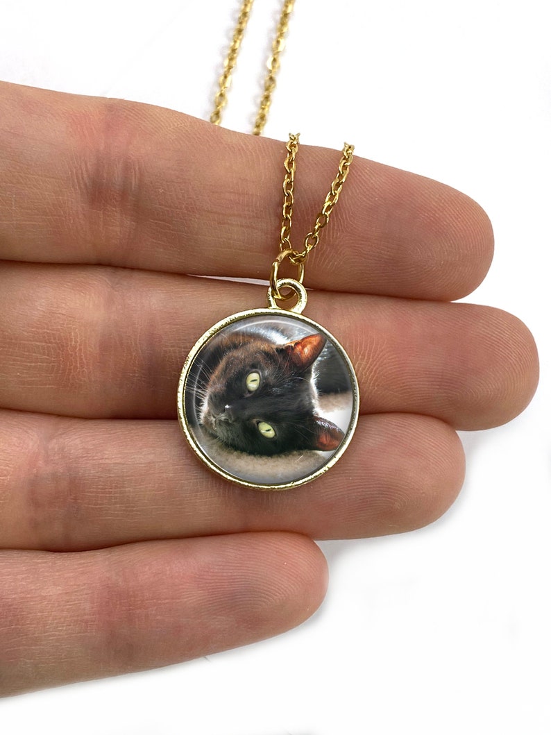 Puede incluir: Un collar de cadena dorada con un colgante redondo que presenta un gato negro con ojos verdes. El colgante est&aacute; enmarcado con un borde dorado.