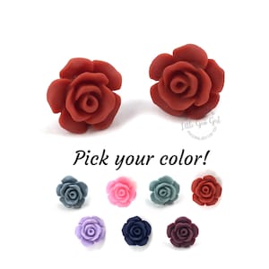 13mm Red Rose Stud Earrings - 7 Colors Available - Hypoallergenic Sensitive Ears Titanium or Stainless Steel Posts