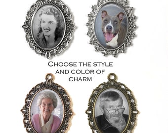 Wedding Bouquet Custom Photo Charm - Picture Oval Bridal Victorian Silver, Bronze or Copper Pendant - Memorial Jewelry