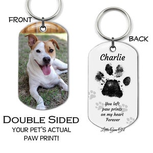 Custom Memorial Dog Tag with Your Pet's Photo and Actual Paw Print - Double Sided Necklace or Key Chain with Picture - Personalized Pawprint