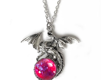 Dragons Breath Mexican Opal Necklace – Czech Glass Stone Pendant – Gothic Dragon Jewelry – Fantasy Cosplay Gift for Her