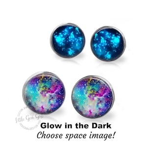 Glow in the Dark Galaxy Stud Earrings - 24 Images, 7 Finishes - Fox Fur Nebula Earrings - Outer Space Glowing Constellation Jewelry