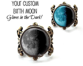 Glow in the Dark Custom Birth Moon Ring in Bronze or Silver - Glowing Moon Ring - Moon Phase Jewelry - Birthday Moon Ring in Adjustable Band