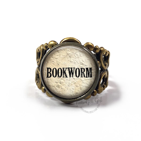 Customized Bookworm Ring in Adjustable Ring Band Unisex for Women and Men - Bronze or Silver Filigree - Librarian Author or Book Lover Gift