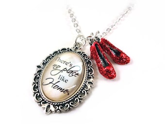 The Wonderful Wizard of Oz Necklace - Ruby Red Slippers Oz Quote - There&#39;s No Place Like Home Charm - Dorothy&#39;s Red Sparkle Shoes