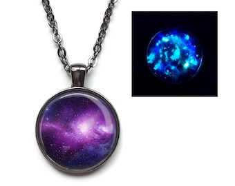 Glow in the Dark Purple Galaxy Necklace or Keychain – Unique Cosmic Pendant Gift for Space Lovers, Handmade Glowing Jewelry