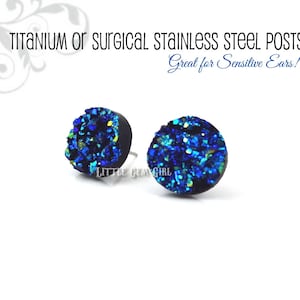 Blue Faux Druzy Stud Earrings - 8, 10 or 12mm Blue Aqua Teal Black Druzy Posts -Titanium or Stainless Steel - Blue Glitter Studs