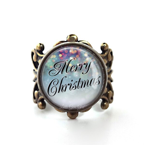 Merry Christmas Ring with Adjustable Filigree Ring Band - 7 Designs - Christmas Theme Jewelry Christian Ring