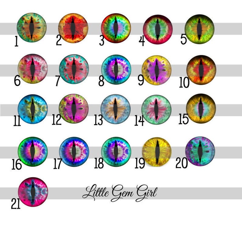 May include: Twenty-one colorful, round, iridescent, dragon eye-shaped stickers with black pupils. The stickers are numbered 1 through 21.