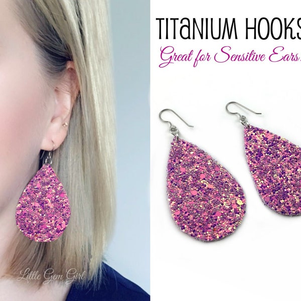 Fuchsia Pink Leather Teardrop Earrings in Titanium for Sensitive Ears - Purple Pink Holographic Glitter Teardrop Earrings Hypoallergenic