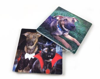 May include: Two ceramic coasters with images of dogs and a cat. The first coaster features a brown and black dog lying in green grass. The second coaster features a brown and black dog wearing a vampire costume and a black and white cat wearing a red vampire costume. The text "Little Gem Girl" is printed on the first coaster.